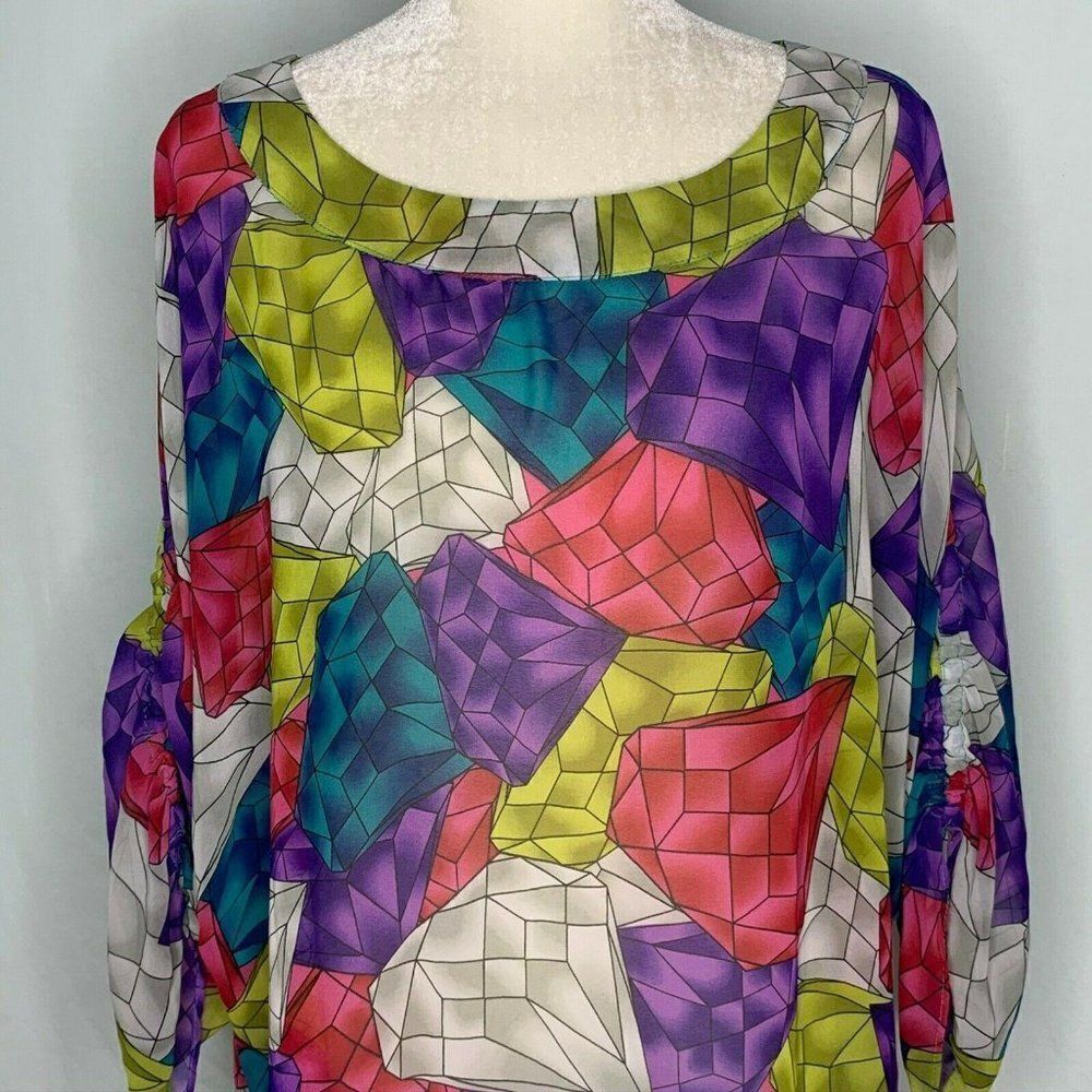 Lane Bryant Tunic Top 22 24 Multicolored Diamonds Dolman Sleeve Sheer Belt Loops